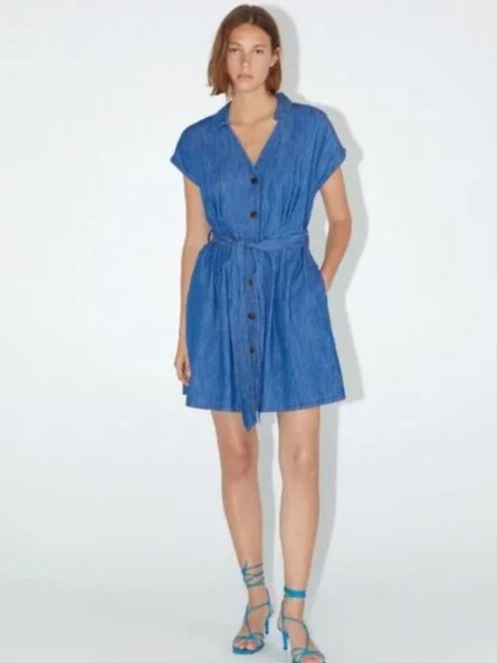 ZARA Cotton Linen Denim V-Neck Mini Dress Size L (NWOT, Pockets)